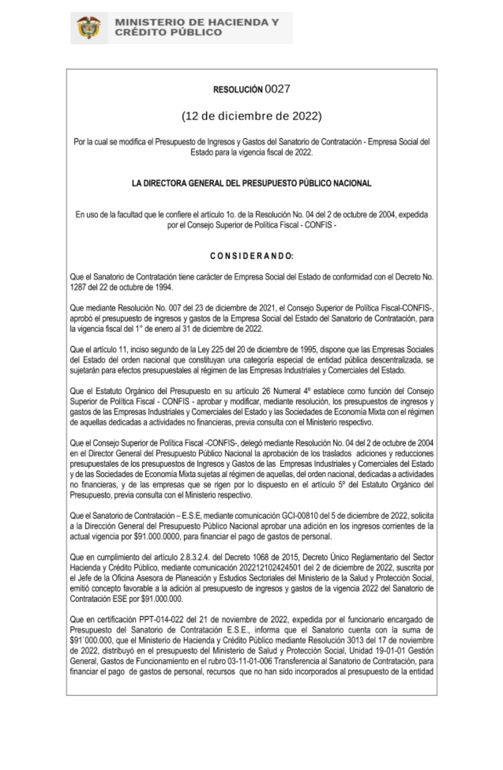 Por la cual se modifica el Presupuesto de Ingresos y Gastos del Sanatorio de Contratación - Empresa Social del Estado para la vigencia fiscal de 2022.