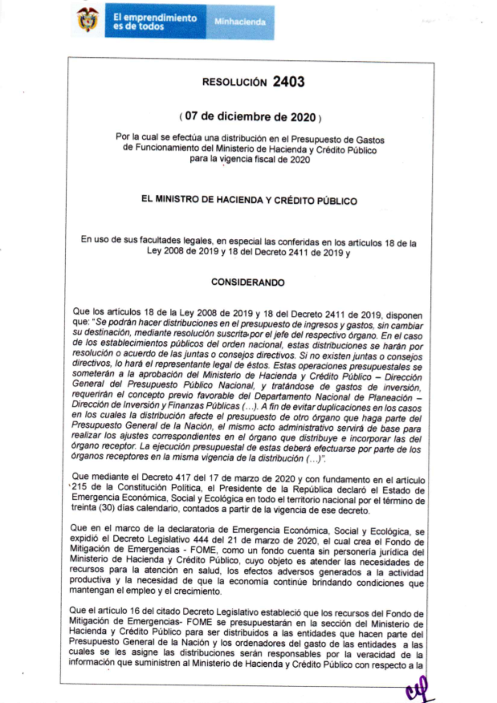 Por la cual se efectúa una distribución en el Presupuesto de Gastos de funcionamiento del Ministerio de Hacienda y Crédito Publico para la vigencia fiscal de 2020