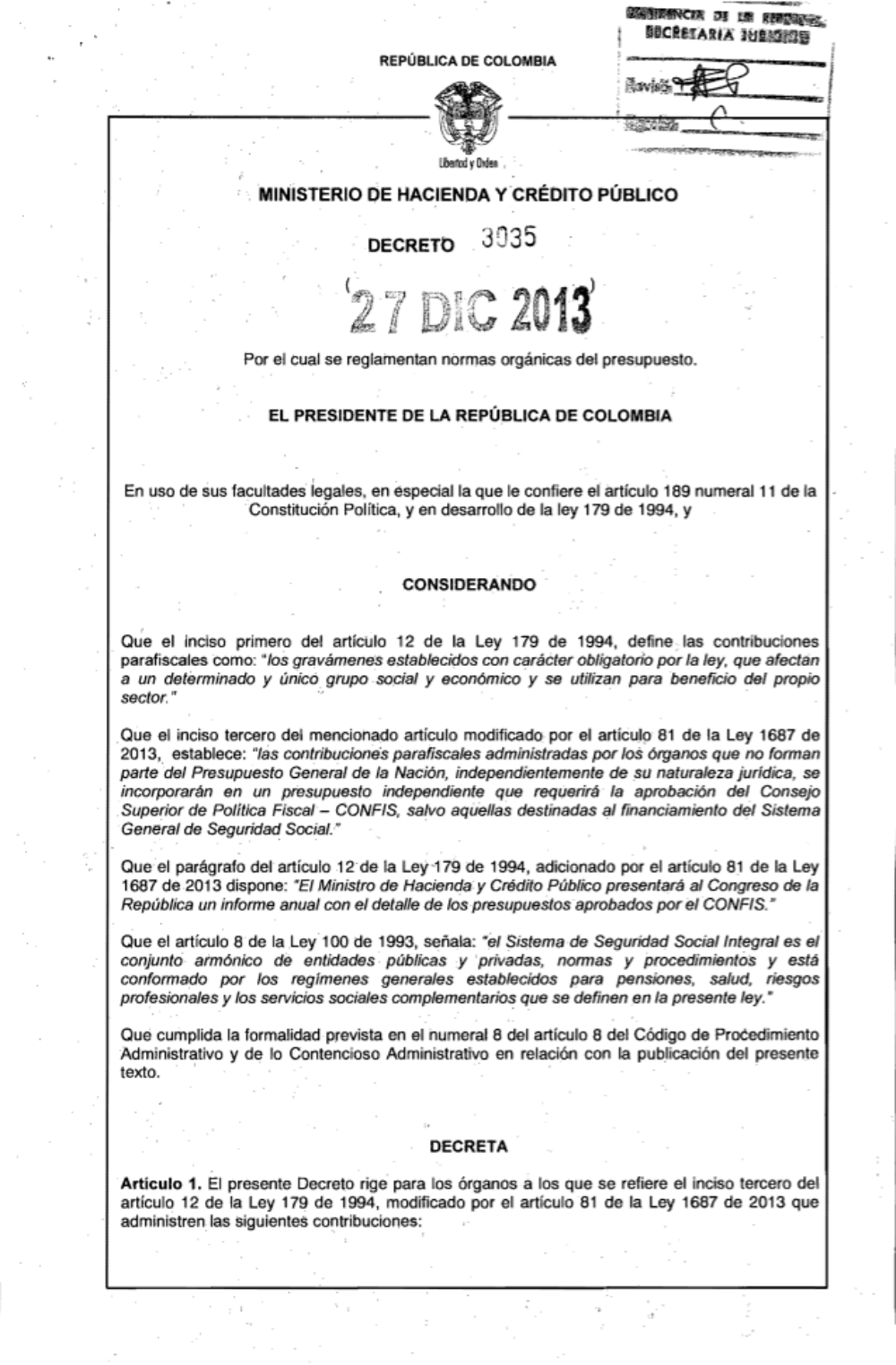 Por la cual se reglamentan normas orgánicas del Presupuesto