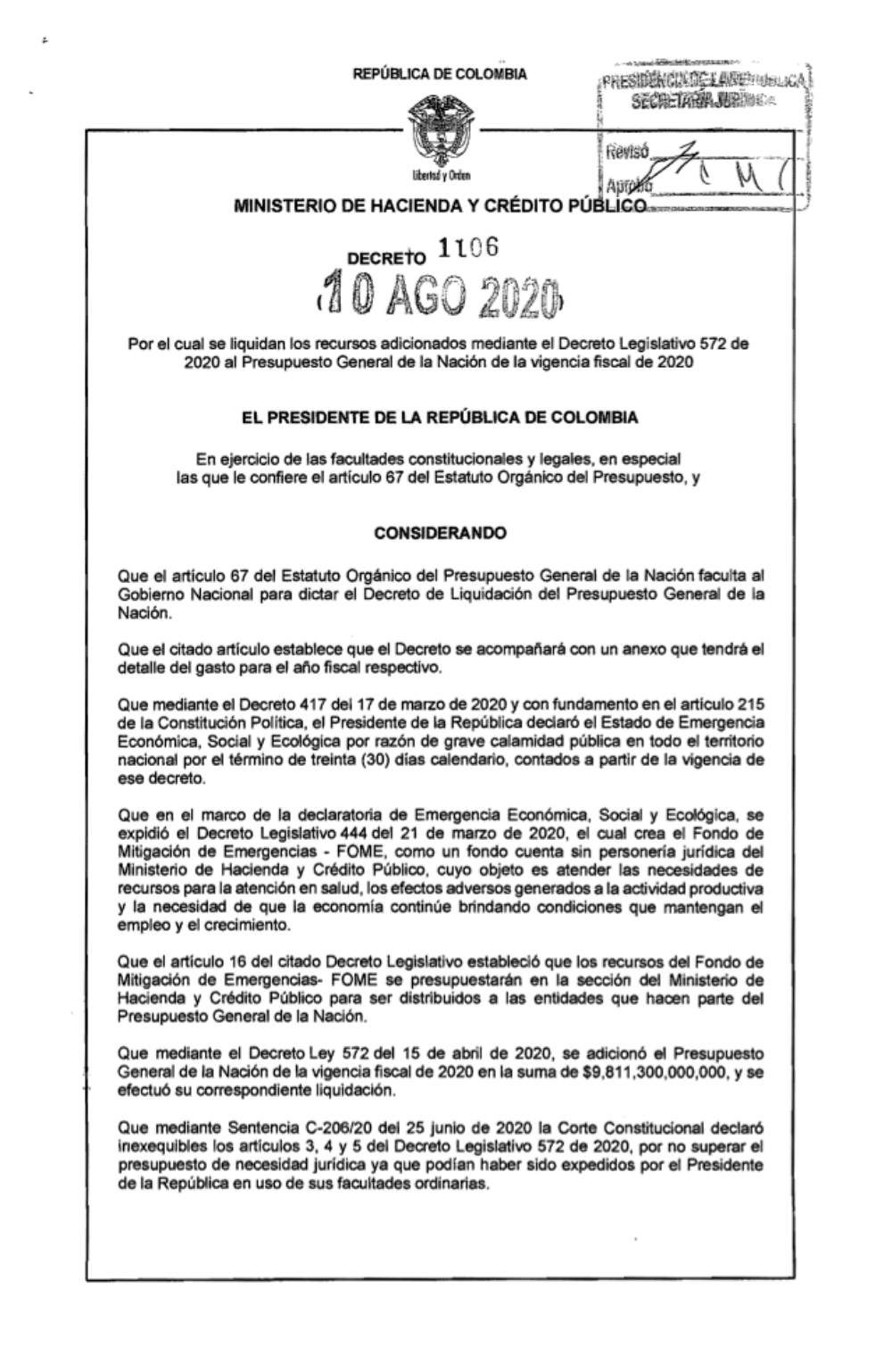Por el cual se liquidan los recursos adicionados mediante el Decreto Legislativo 572 de 2020 al Presupuesto General de la Nación de la vigencia fiscal de 2020