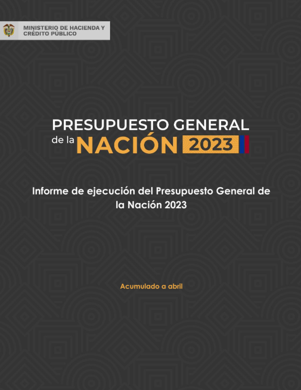 El informe se divide en ocho secciones incluyendo la introducción. La segunda muestra el monto inicial del PGN aprobado en la Ley 2276 de 2022 y las modificaciones que se hicieron durante abril. La tercera detalla la distribución del Presupuesto General de la Nación por tipo de gasto, fuente y sector. La cuarta evidencia los resultados sectoriales de la ejecución por tipo de gasto (funcionamiento, servicio de la deuda e inversión). La quinta indica la velocidad de ejecución y las entidades que no reportaron información de ejecución en el SIIF. La sexta revela los resultados de la ejecución del rezago presupuestal ejecutado en 2023. La séptima parte expone aspectos relevantes del informe. Finalmente, la octava parte presenta un anexo con las principales definiciones empleadas en este informe y el detalle de los cuadros y gráficos que hacen parte de este documento.