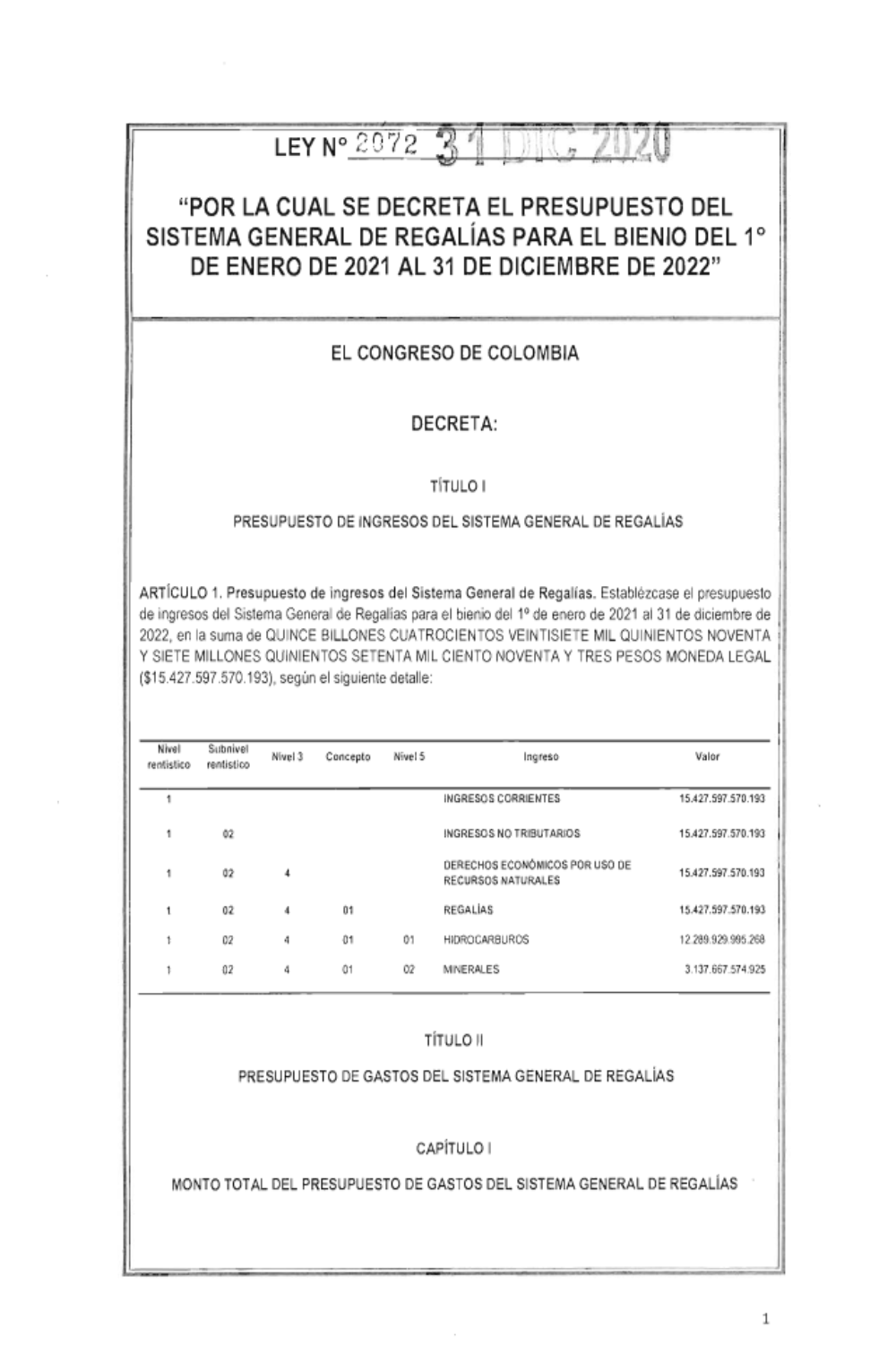 "POR LA CUAL SE DECRETA EL PRESUPUESTO DEL SISTEMA GENERAL DE REGALIAS PARA EL BIENIO DEL 1° DE ENERO DE 2021 AL 31 DE DICIEMBRE DE 2022"