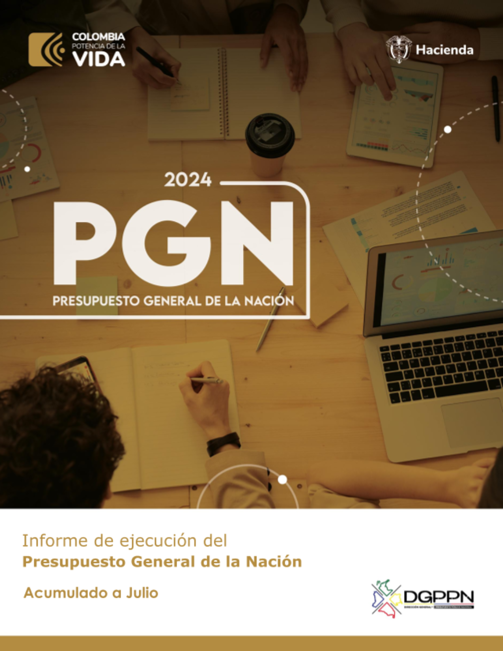 El informe se divide en ocho secciones incluyendo la introducción. La segunda muestra el monto inicial del PGN aprobado en la Ley 2342 de 2023 y las modificaciones que se hicieron durante julio. La tercera detalla la distribución del Presupuesto General de la Nación por tipo de gasto, fuente y sector. La cuarta evidencia los resultados sectoriales de la ejecución por tipo de gasto (funcionamiento, servicio de la deuda e inversión). La quinta indica la velocidad de ejecución y las entidades que no reportaron información de ejecución en el SIIF. La sexta revela los resultados de la ejecución del rezago presupuestal ejecutado en 2024. La séptima parte expone aspectos relevantes del informe. Finalmente, la octava parte presenta un anexo con las principales definiciones empleadas en este informe y el detalle de los cuadros y gráficos que hacen parte de este documento.