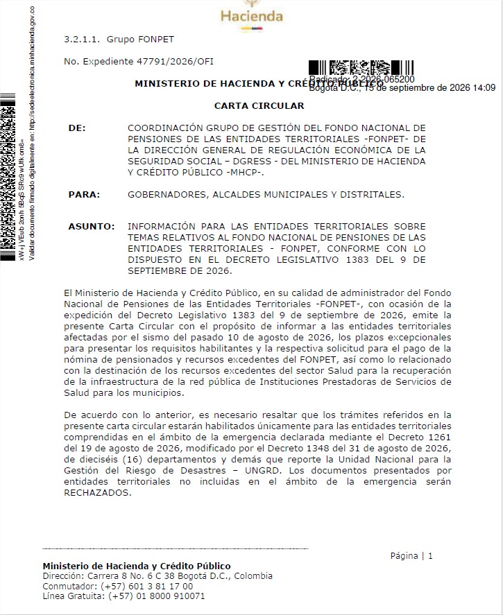 FOTO CARTA CIRCULAR DECRETO LEGISLATIVO 1383 DE 2026