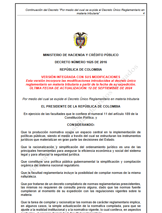 imagen del documento del Decreto Único Regulatorio en Materia Tributaria