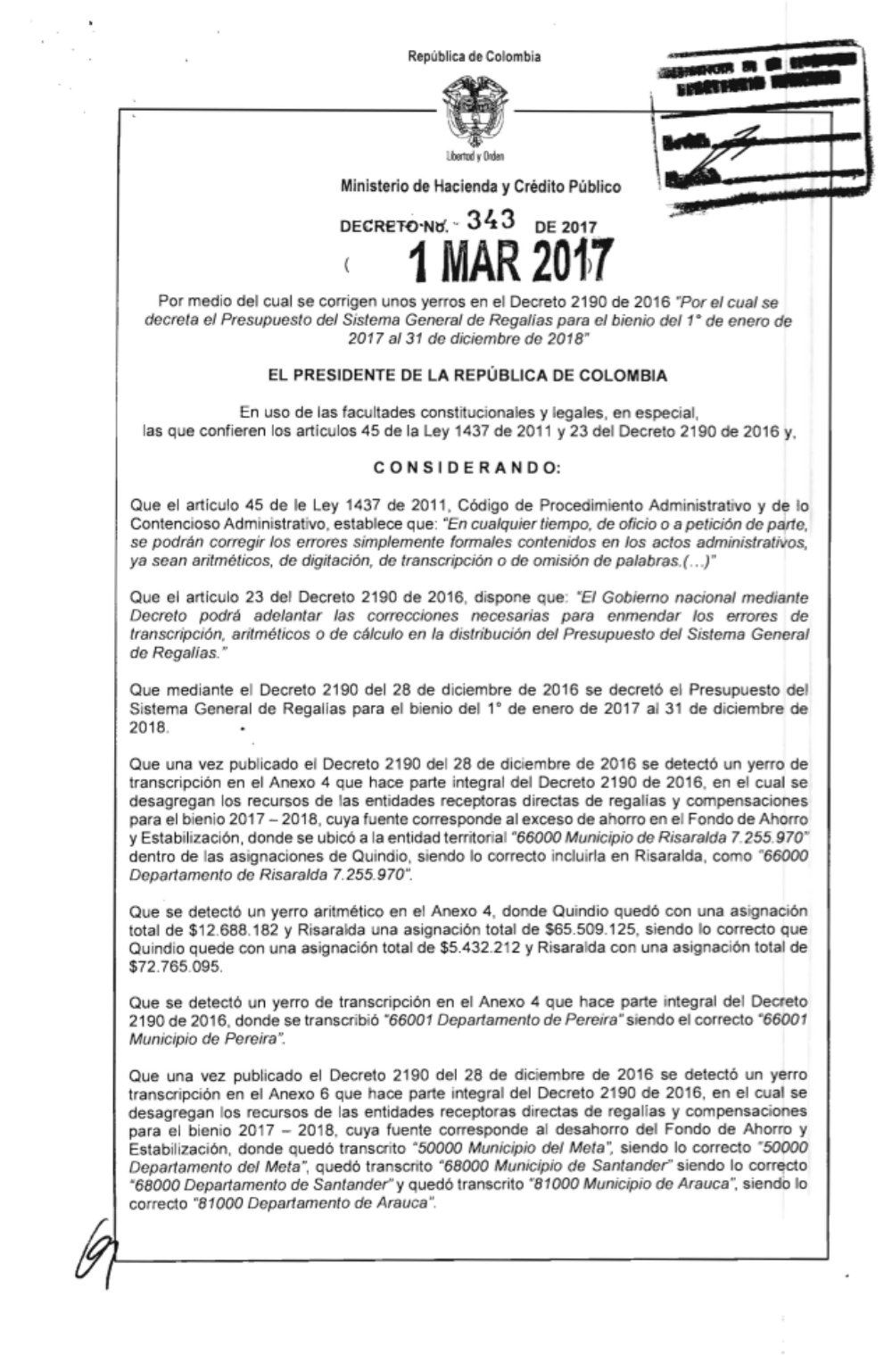 Por medio del cual se corrigen unos yerros en el Decreto 2190 de 2016