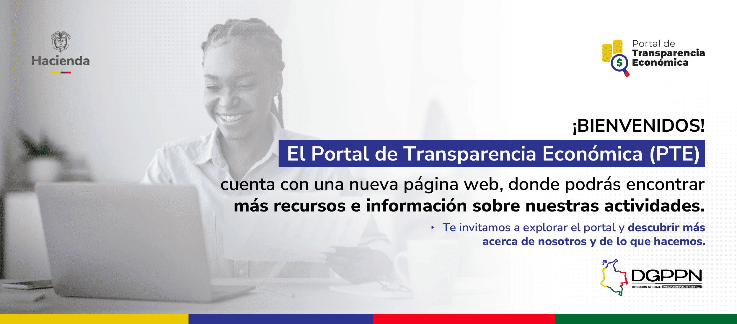Banner sobre el cambio de página web del PTE con una mujer de fondo con un computador